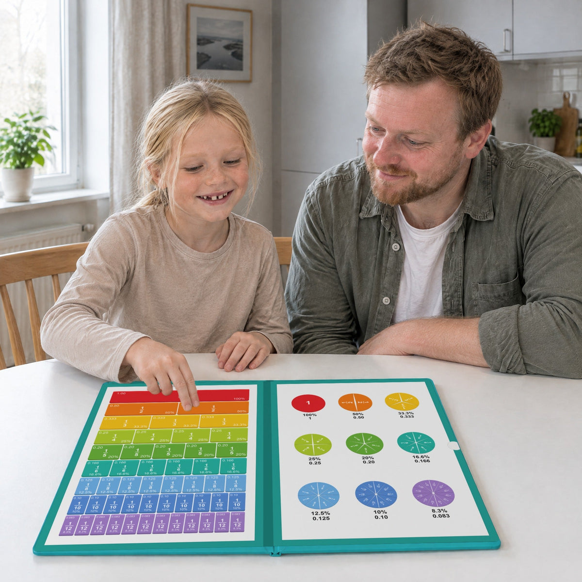 En flicka och hennes pappa bygger bråk vid köksbordet