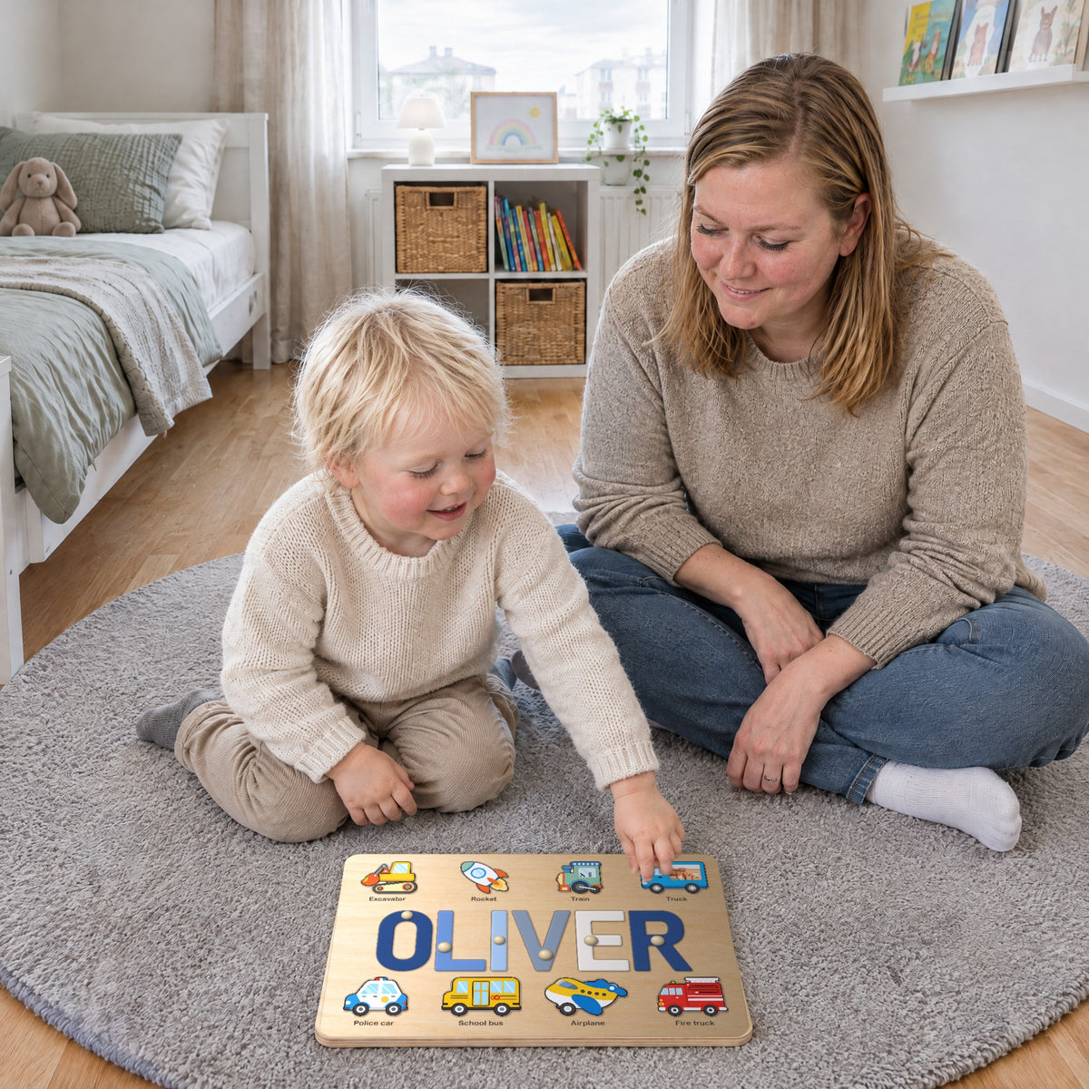 En pojke lägger tillbaka bokstäverna i sitt namn i pusslet