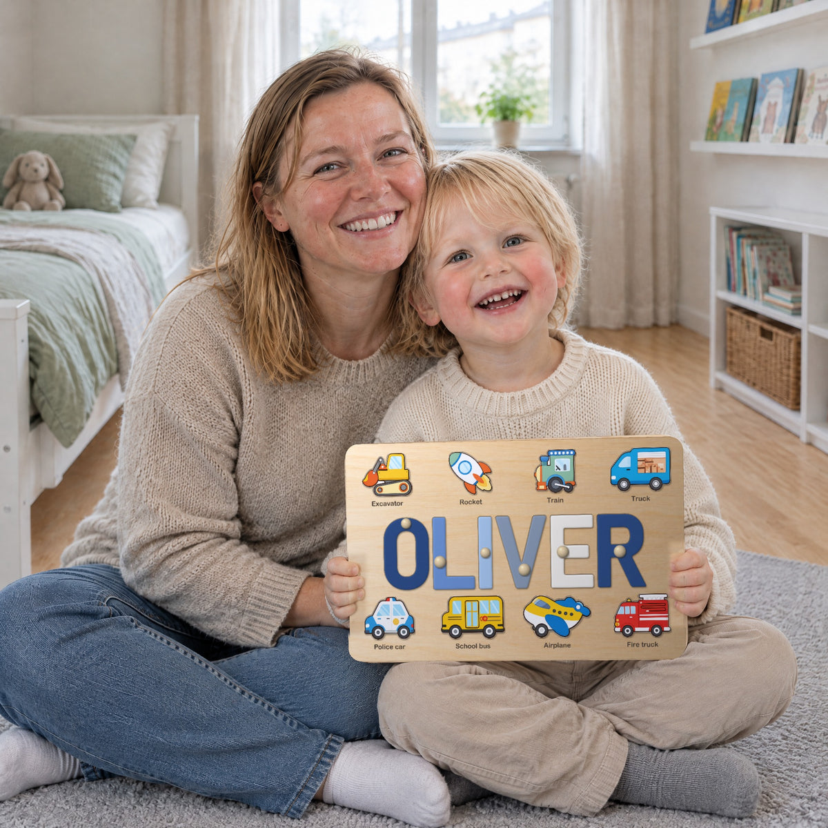 Mamma och son skrattar kind mot kind med det färdiga pusslet