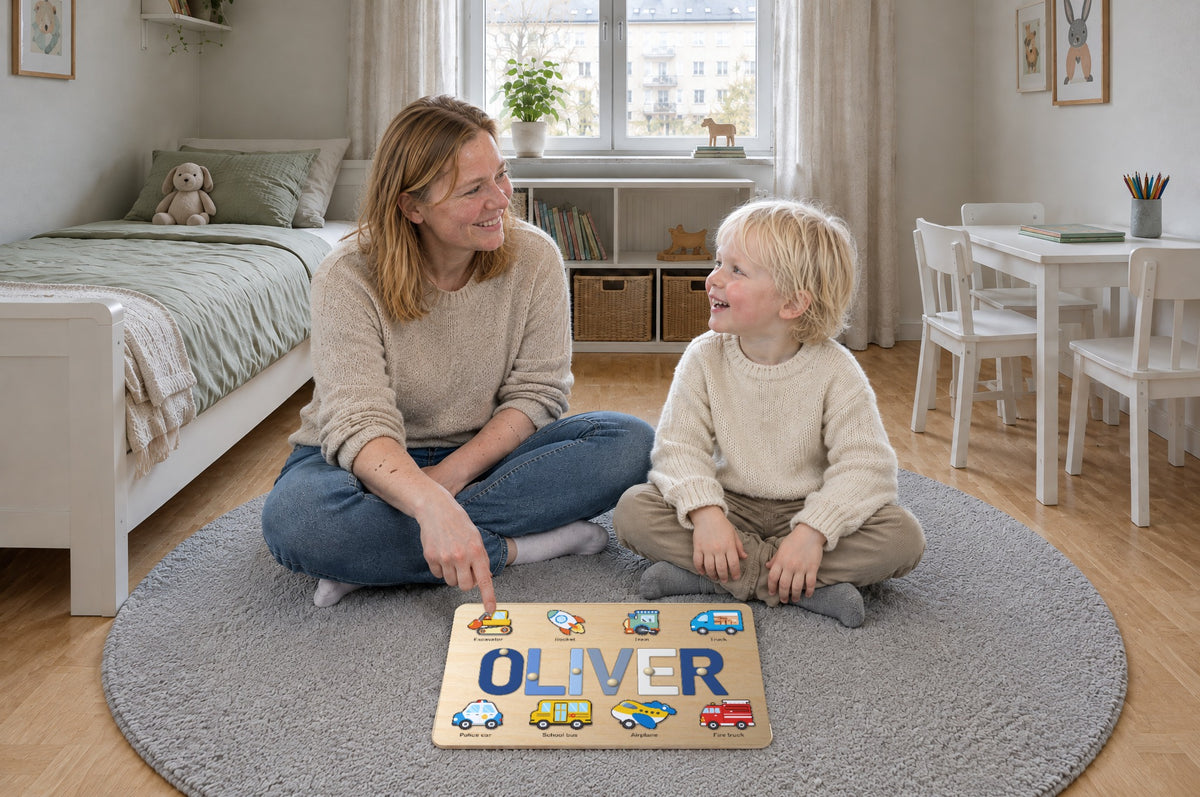 Mamma och son lägger bokstäverna i hans namn i pusslet på vardagsrumsgolvet