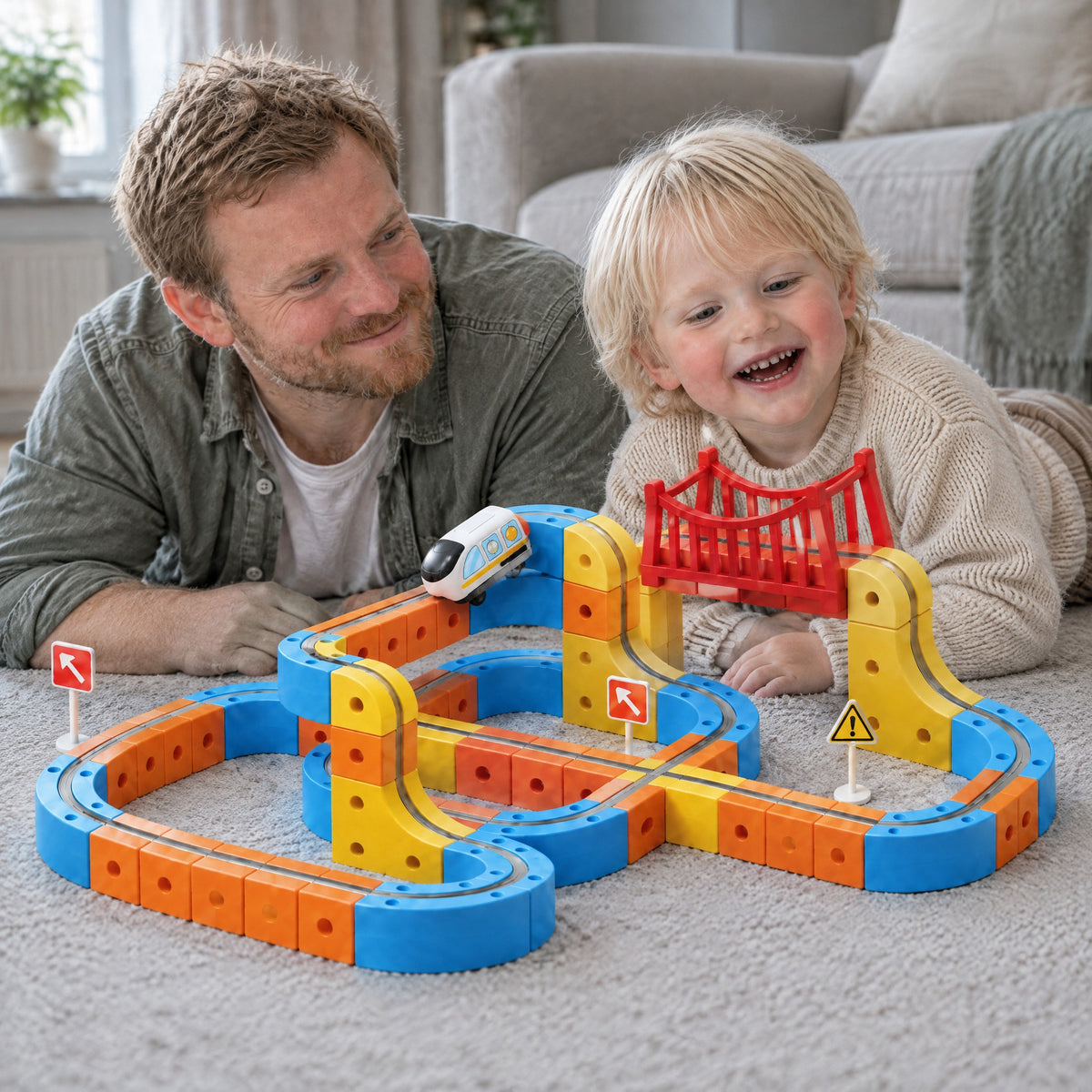 En pappa och hans son ligger på mattan och tittar på när tåget kör över bron